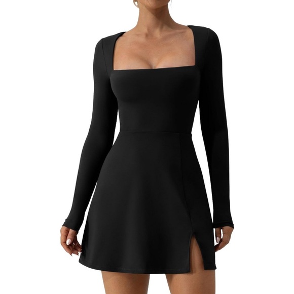 🖤 BLACK Square Neck Bodice Dress Long Sleeve Side Slit Flare Mini Dresses - Picture 6 of 7